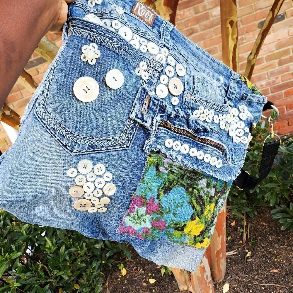 Handmade Recycled Denim Button Detail Gypsy Boho Crossbody Bag.